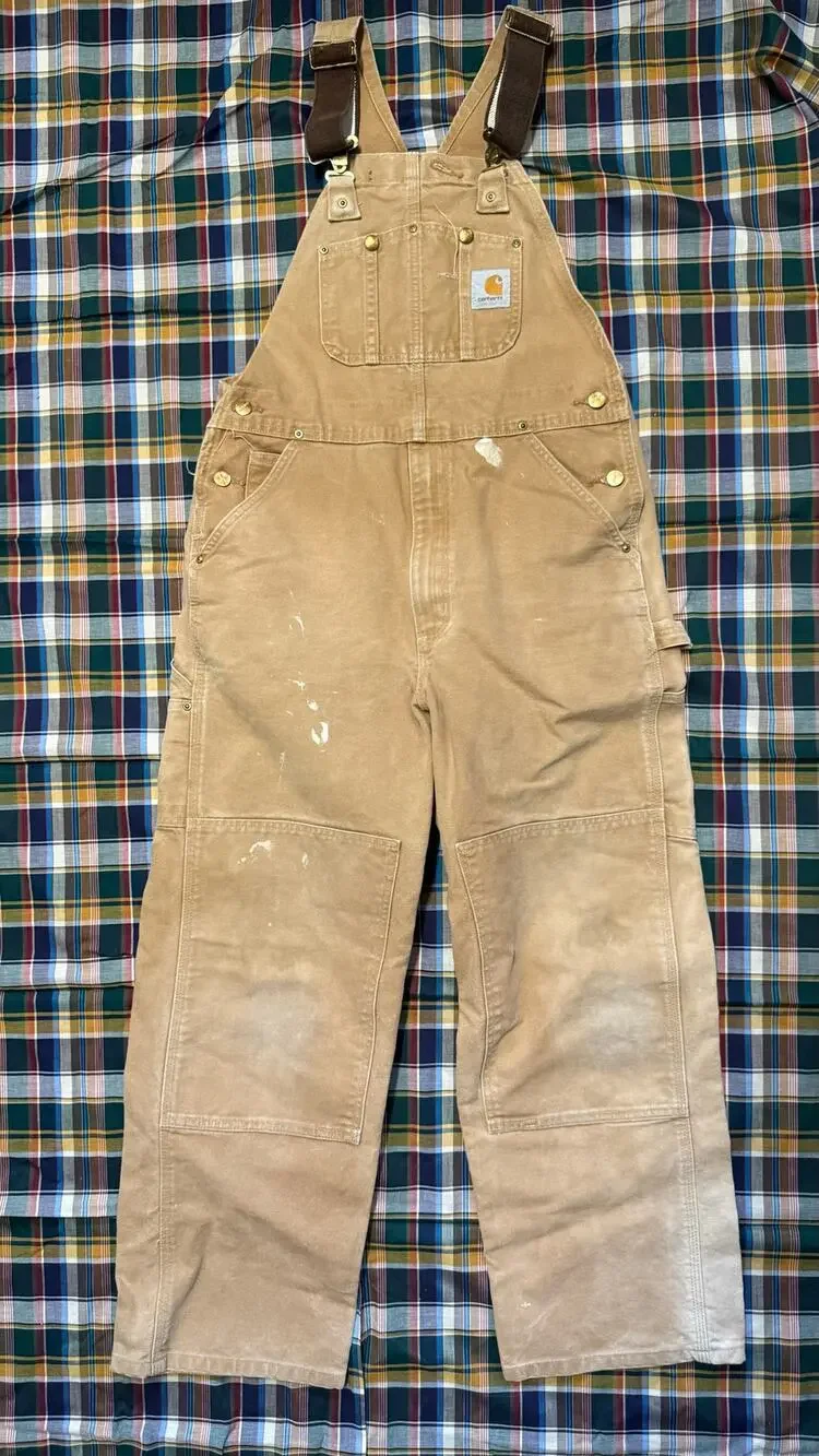 Vintage Carhartt Distressed Overalls bib mens 34x30 beige brown stained work